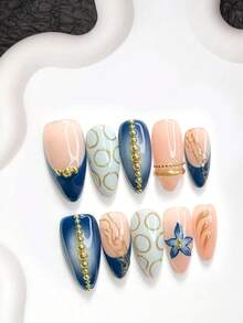 秋季 10 件組極簡風手工穿戴甲 Polygel 美甲套組，金色珠飾、藍金配色指甲油，藝術風格，含美甲工具，3 種尺寸可選，杏仁甲、鴨嘴甲、棺材甲，適合派對、舞蹈、日常佩戴（手工細節可能有所不同） - 彩色 - 查看 3