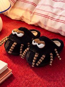 Men's Thick Sole Spider Plush Slippers, Fluffy Cute Women's Closed Toe Slippers For Autumn/Winter - Black - View 5