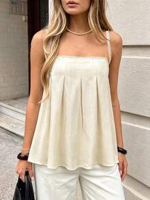 Women's Sleeveless Woven Fabric Lace Strap Top, Casual Loose Fit, Regular Length Shirt Textured Fabric Lace Patchwork Design, Suitable For Daily Wear, Commute, Beach, Vacation Summer - Apricot - View 1