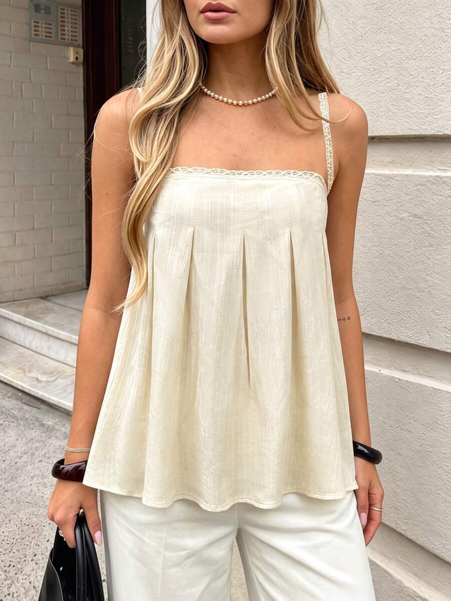 Women's Sleeveless Woven Fabric Lace Strap Top, Casual Loose Fit, Regular Length Shirt Textured Fabric Lace Patchwork Design, Suitable For Daily Wear, Commute, Beach, Vacation Summer - Apricot - View 1