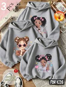 Fall/Winter 3 Pieces Set Girls' Hooded Fleece Sweatshirt With Pink Bow Heart "Yeah" Cartoon Print, Gray Long Sleeve, Y2K Style - Heather Gray+Heather Gray+Heather Gray - View 1