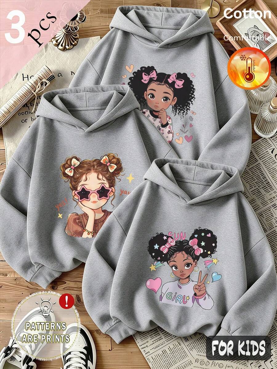 Fall/Winter 3 Pieces Set Girls' Hooded Fleece Sweatshirt With Pink Bow Heart "Yeah" Cartoon Print, Gray Long Sleeve, Y2K Style - Heather Gray+Heather Gray+Heather Gray - View 1
