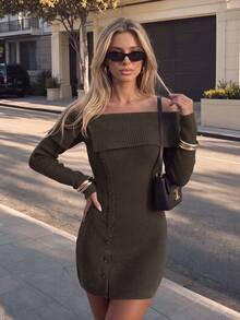 Nicenter Women's Fall Winter Dark Brown Off‑Shoulder Side Button Wool Blend Knit Bodycon Mini Dress Elegant Casual For Daily Party Fall Outfit For Women - Coffee Brown - View 7