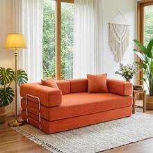 3-Seater Foldable Sofa Bed, 78'' Convertible Sleeper Sofa, Spring Folding Floor Couch With With Pillow Back Support Armrest, 4-In-1 Futon Sofa Bed For Living Room - Orange - View 3