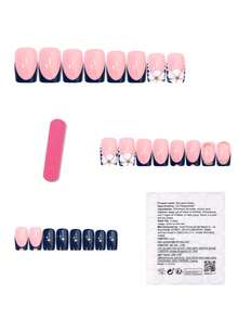 24PCS Square Press On Nails, Medium Fake Nails, Navy Blue French Tip, White 3D Flower & Gold Moon Star Design, Nude Pink Base, Reusable False Nails For Women - Multicolor - View 7