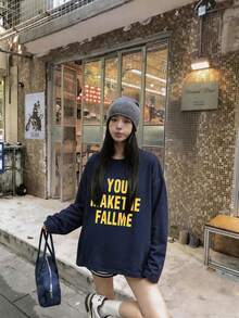 女款圓領長袖T恤，春秋新款字母印花，時尚休閒百搭寬鬆上衣 - 藏藍 - 查看 7