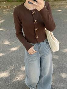 Women's Gold Starfish Button Ribbed Knit Cardigan, Round Neck Long Sleeve Cropped Slim Fit Casual Sweater Jacket - Khaki - View 7