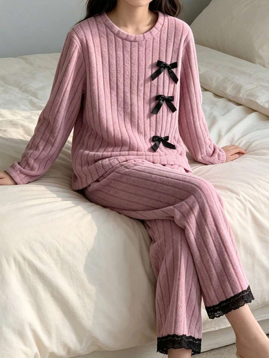 Autumn/Winter Sweet Bow Decor + Lace Pink Long Sleeve Long Pants Pajama Set, Comfortable Casual Fabric, Suitable For Home Sleep - Pink - View 1