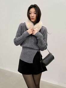 Women's Solid Color Cable Knit Split Hem Crew Neck Long Sleeve Sweater Base Layer For Winter - Grey - View 4