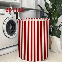 Foldable Laundry Basket With Handles, Red And White Striped Storage Bin, Round Collapsible Dirty Clothes Hamper, Space-Saving Toy Storage Box For Bedroom Bathroom Closet Dorm Room, Portable Lightweight Laundry Organizer, Easy To Carry - Red Line - View 4