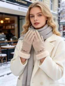 1 Pair Fashionable Women's Soft Suede Warm Gloves, Touchscreen Compatible, Cute Cat Pattern, Versatile Style, Fleece Lining, Faux Fur Cuffs, Practical And Stylish Gift Choice - A - View 7