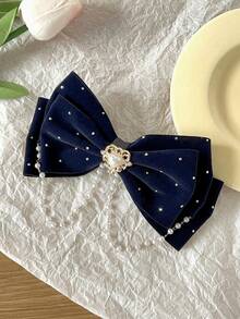 1 pieza Clips de lazo con decoración de perlas falsas y rhinestones para niñas, sin empaque con tarjeta - Azul Marino - Ver 4