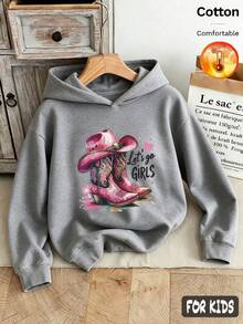 Fall/Winter 3 Pieces Set: Girls' Fleece Hoodie With Denim Boots, Featuring Horse, Floral, And Text Prints, Gray Long-Sleeve Soft Y2K Style - Heather Gray+Heather Gray+Heather Gray - View 2