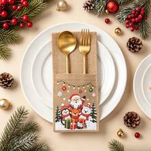 5pcs Christmas Jute Tableware Bags, Reusable, Portable Storage For Cutlery And Napkins, Suitable For Christmas, Birthday Party, New Year, Thanksgiving Decoration - Multicolor - View 9