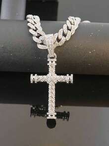 Full Rhinestone Twisted Double-Sided Cylindrical Cross Pendant Necklace, Rhinestone Cuban Chain, Men's Hip Hop Shiny Personalized Party Jewelry - Double-sided Full-diamond 3D Cross - View 9