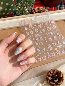1 Sheet Pink Shell Light Christmas Nail Stickers, Sparkly Snowflake & Candy Cane Self-Adhesive Nail Decals, Sweet Xmas DIY Manicure Supplies - Multicolor - View 2
