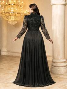 UNITHORSE [Random Cut] Plus Size Women Elegant Stand Collar Straight Long Sleeve Cuff Slit Sequin Patchwork Faux Silk Formal Evening Gown Dress - Black - View 2