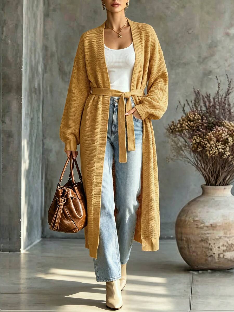 Women's Autumn/Winter Solid Color Tie-Front Ribbed Dropped Shoulder Lantern Sleeve Loose Mid-Length Knit Cardigan - Camel - View 1