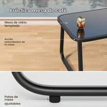 Juego de Muebles de Patio de 4 Piezas Negro 108x73.4x81.5 cm| Juego de Conversación para Exteriores con Sofá de 2 Plazas 2 Sillones y Mesa de Centro de Vidrio| Asiento de Tela Transpirable con Brazos de Madera| para Patio y Balcón| Fácil de Armar - Negro - Ver 7