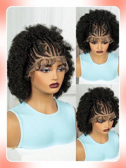 A ANYTIME New Short Braided Wig – Synthetic Knotless Box Braid Lace Front Wig – Women's Full Lace Front Braid Wig – Afro-Curly Braided Lace Wig – Suitable For Daily Use