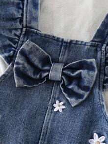Baby Girl Ribbed Long Sleeve Top & Denim Overalls 2pcs Set, Sweet Pastoral Style, Soft Elastic Ribbed Soft Denim Embroidered Outfit For Daily Wear And Outings, Spring/Autumn - Multicolor - View 10