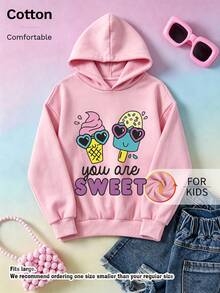 Girls' Cute Long Sleeve Hoodie With Ice Cream Graphic & You Are Sweet Letter Print Casual Drawstring Pullover For Kids - Pink - View 1