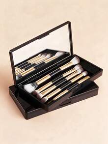 1 Set Makeup Brush Set With Storage Box, Dual-Ended Face And Eye Brushes, Soft Bristles, Black Handle With Gold Details, Portable Makeup Brushes, Suitable For Foundation, Loose Powder, Blush, Eyeshadow, Contour, Ideal For Travel And Daily Makeup - Multicolor - View 1