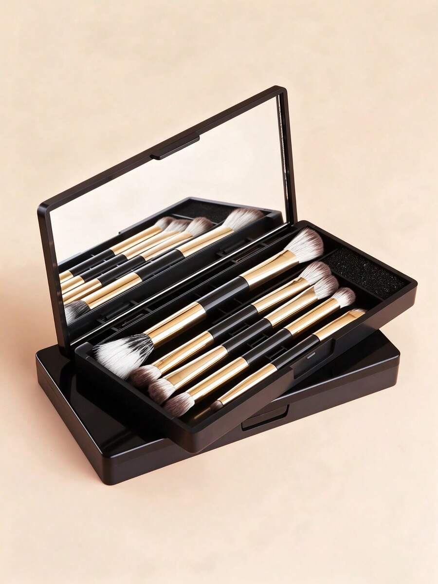 1 Set Makeup Brush Set With Storage Box, Dual-Ended Face And Eye Brushes, Soft Bristles, Black Handle With Gold Details, Portable Makeup Brushes, Suitable For Foundation, Loose Powder, Blush, Eyeshadow, Contour, Ideal For Travel And Daily Makeup - Multicolor - View 1
