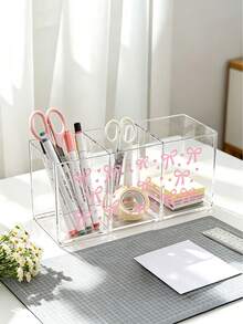 Organizer Meja & Rias Akrilik Plastik Pita Merah Muda dengan Kotak Penyimpanan 3 Kompartemen - Tempat Kuas Makeup Lucu, Rak Hemat Ruang Ringkas Cocok untuk Kamar Mandi, Kantor, Meja Rias - Mudah Dirakit, Organizer Parfum - MultiWarna - View 7