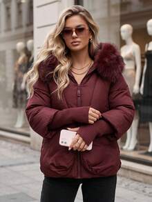 Women's Quilted Puffer Jacket, Faux Fur Hood Trim, Zip Front, Ribbed Cuffs, Relaxed Fit - Burgundy - View 4