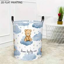 1pc Watercolor Teddy Bear Cloud Star Print Laundry Basket, Collapsible Round Storage Hamper With Handles, Large Capacity Toy Clothes Storage Bin For Kids Bedroom Nursery Decor - Baby Blue - View 5