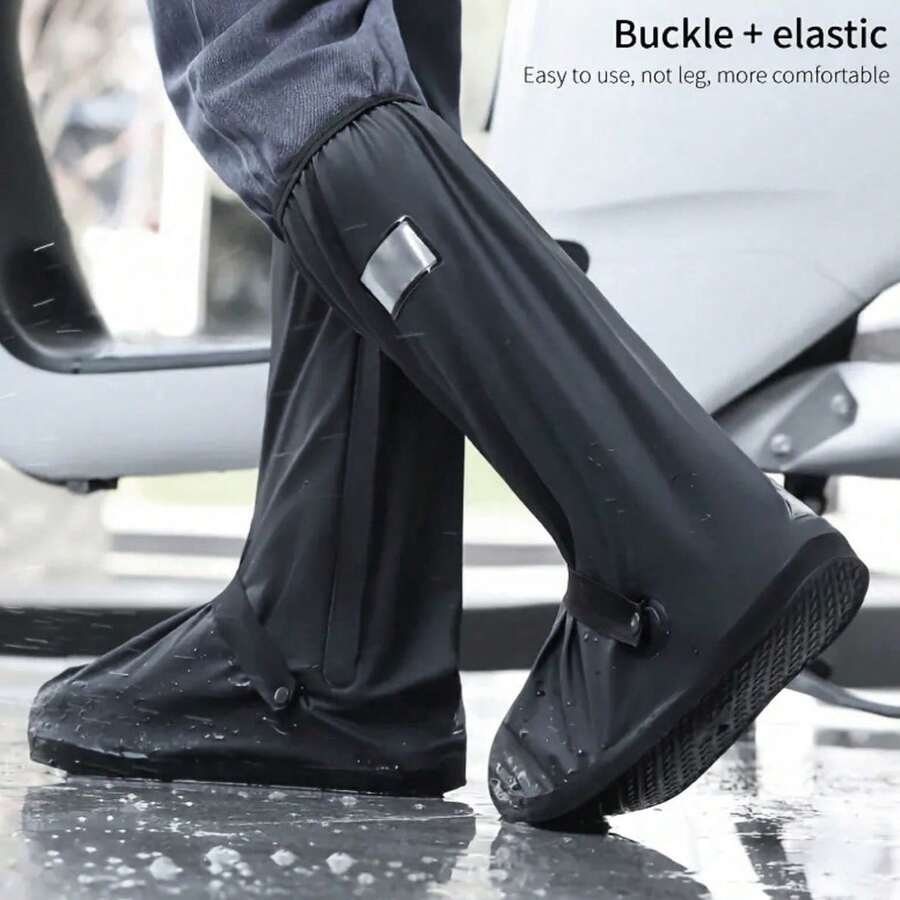 High-Top Rain Shoe Covers, Thickened Waterproof Rain Boots, Creative Waterproof Motorcycle Riding Bicycle Rain Boots, Rain Shoe Covers, Rain Boot Covers, Unisex Adult Shoe Covers, Wear-Resistant High-Top Style, Designed For Rainy Days, Rainproof, Waterproof, Thickened Design - Black - View 1