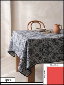 1pc Grey-Blue Base Black Vintage Damask Floral Pattern Tablecloth, Retro Classic Style Fabric Material, Rectangular Black Wavy Jagged Edge Detail, Stain-Resistant Protection For Tabletop And Decorative Enhancement, Suitable For Daily Home And Retro Classic Style Restaurant Decor - Black - View 21