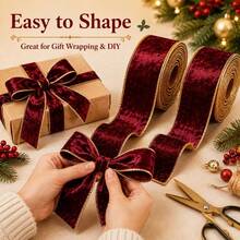 1/2 Rolls Burgundy Ribbon With Gold Metallic Edge, Soft And Luxurious, Suitable For Christmas Tree Decoration, Gift Wrapping, Bows, Wreaths, Gold Trim Decorative Ribbon, DIY Crafts, New Year And Holiday Decor - Multicolor - View 2