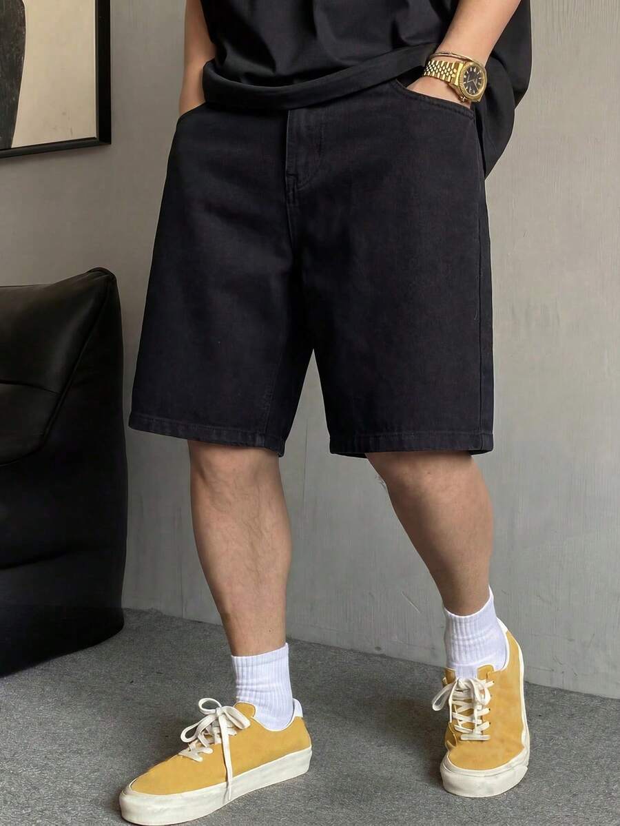 Men's Summer Loose Casual Non-Stretch Cotton Denim Shorts With Pockets - Black - View 1
