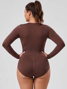 3pcs Plus Size Women Seamless Sculpting Bodysuit Tummy Control Long Sleeve Scoop Neck Base Layer Top Fall Winter - Multicolor - View 2