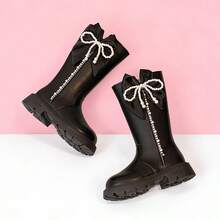 Girls' Exquisite Sweet Black Pearl Bow Rhinestone High-Top Boots With Side Zipper Design, Suitable For Autumn/Winter Outings And Outfit Matching - Black - View 2