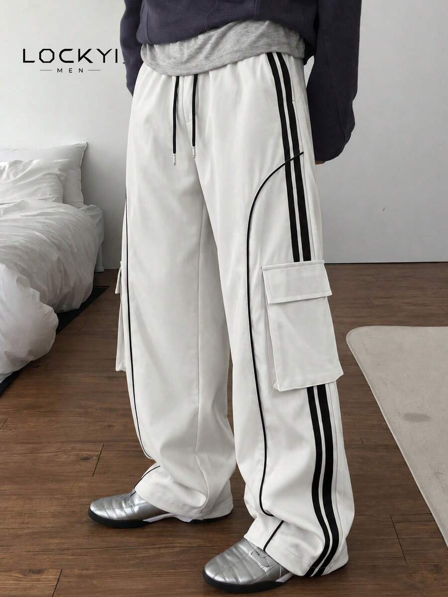 1pc Men's American High Street Outdoor Street Style Striped Multi-Pocket Drawstring Loose Casual Long Pants - Grey - View 1