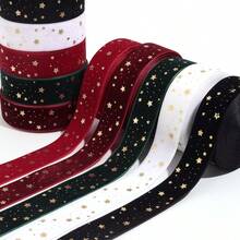 5 Yards/Roll 2.5cm Christmas Gold Foil Five-Pointed Star Single-Sided Flocked Ribbon, Flocked Christmas Letter & Star Ribbon, DIY Christmas Tree Bows Ribbon, Suitable For Christmas And Other Holiday Party Decoration Materials - Flocked Webbing - View 2