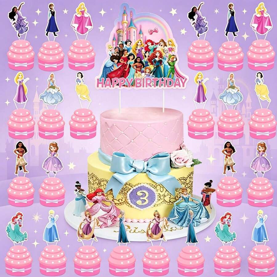 Princess Theme Birthday Cake Decoration Set, Happy Birthday Main Cake Topper, Princess Character Cupcake Decorations, Princess Style Dessert Decorations, Birthday Party Cake Decor Supplies - View 1