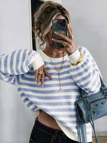 Aflion Women's Light Blue Cream Striped Knit Sweater, Crew Neck Raglan Long Sleeve Cropped Casual Pullover Fall Daily Tops - Blue and White - View 1