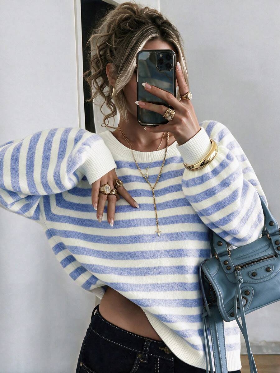 Aflion Women's Light Blue Cream Striped Knit Sweater, Crew Neck Raglan Long Sleeve Cropped Casual Pullover Fall Daily Tops - Blue and White - View 1
