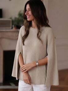 Plus Size Women's Fashion Vacation Knit Top With Slit Cuffs And Round Neck, Versatile - Beige - View 5