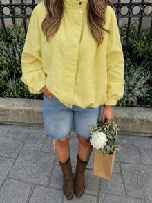 Women Fall Fashion Casual Yellow Stand Collar Oversized Long Sleeve Jacket For Going Out Vacation - Light Yellow - View 2