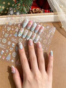 1 Sheet Pink Shell Light Christmas Nail Stickers, Sparkly Snowflake & Candy Cane Self-Adhesive Nail Decals, Sweet Xmas DIY Manicure Supplies - Multicolor - View 4
