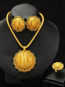 Saudi Arabia Classic Golden Color Women's Jewelry Set 3pcs Pendant Necklace Earrings Ring Bride Wedding Luxury Jewelry Gift - A - View 9