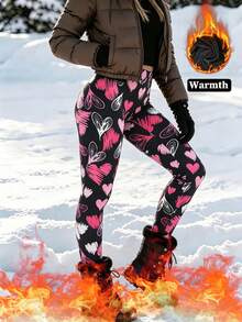 Women's Thermal Lined Thickened Leggings, Soft & Comfortable, Red & White Heart Print, Slim Fit, Elastic Shaping, Waist-Cinching, Butt-Lifting, 9/10 Length, Suitable For Home, Outdoor, Vacation, Walking, Casual Wear, Autumn/Winter - Multicolor - View 4