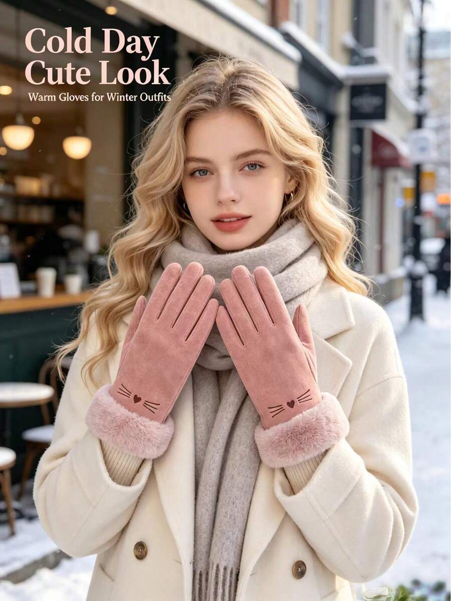 1 Pair Fashionable Women's Soft Suede Warm Gloves, Touchscreen Compatible, Cute Cat Pattern, Versatile Style, Fleece Lining, Faux Fur Cuffs, Practical And Stylish Gift Choice - A - View 1