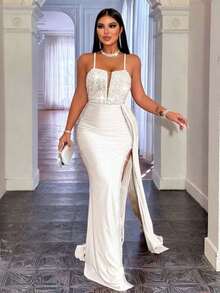 CHOSMO Plus Size Women's Elegant Home, Vacation, Date, Formal Evening, Music Festival, Party, Wedding Dress With Patchwork Sequin, Side Slit Hem And Spaghetti Strap - White - View 6