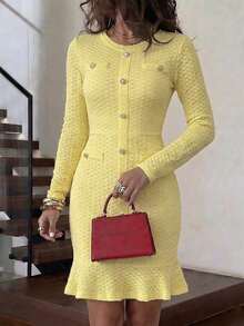 Gaun Mini Lengan Panjang Wanita Unadoll Musim Gugur, Leher Bulat, Kancing Emas Imitasi, Tekstur Bodycon, Hem Bergelombang, Cocok untuk Kembali ke Sekolah, Kencan Malam & Jalan-jalan - Kuning - View 8